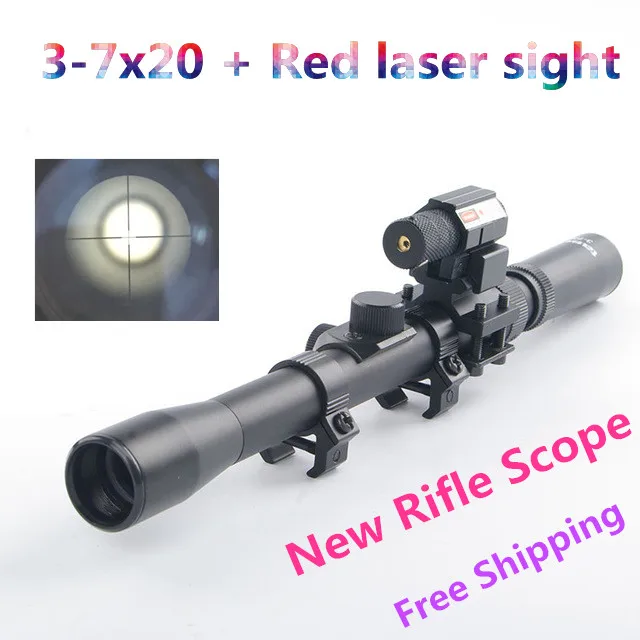 Tactical 3-7X20 Air Gun Rifle Optics Cross Reticle Scope +20mm Rail Mounts +Red Dot Laser Sight For Hunting Airsoft Supplies