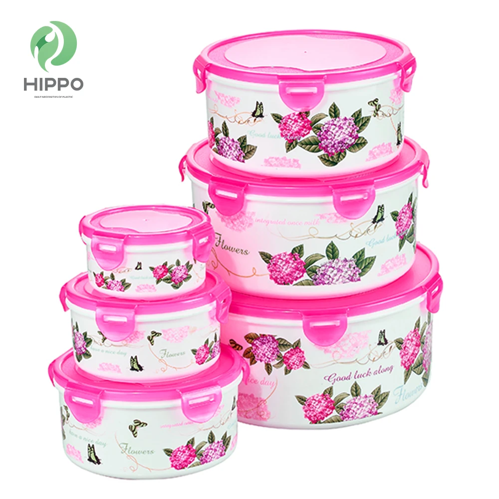 Small printed sealing microwave round plastic food container with red lid