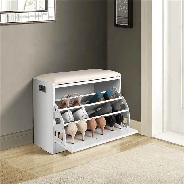 Shoe Bench Shoe Storage Rack Wooden Shoe Box Cabinet with Seat Cushion for Hallway Bedroom White