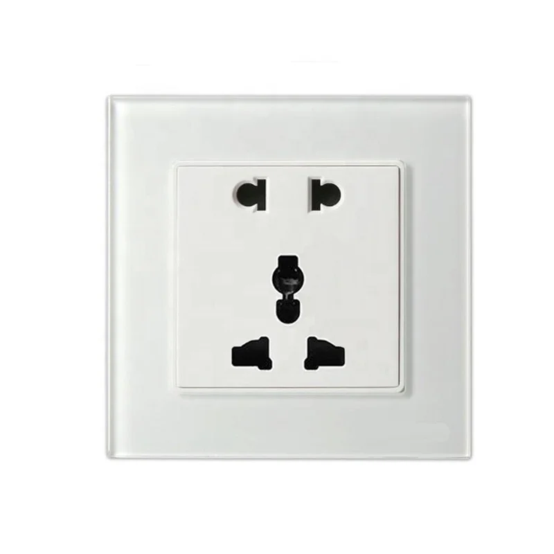 Crystal Tempered Glass Panel Universal 5 Pins Wall Outlet Socket 86 x 86 MM 13A 250V