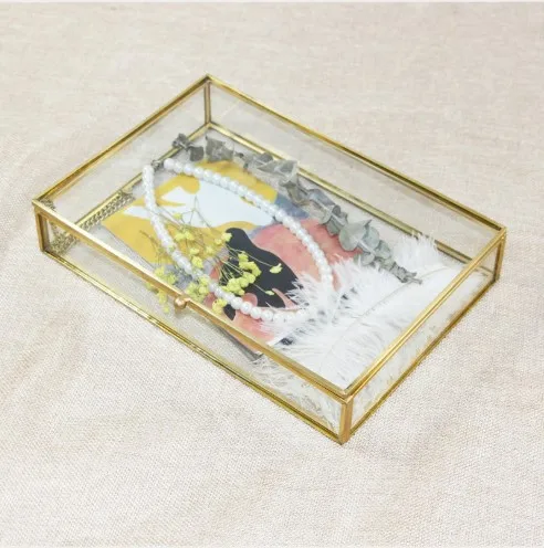 Retro Rectangle Cover Black Gold Brass Glass Jewelry Cosmetic Organizer Box