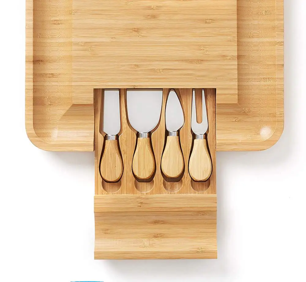 Бамбуковая сырная доска и набор ножей, дерево Charcuterie блюдо и подача мяса и сыра доска с выдвижным ящиком для столовых приборов