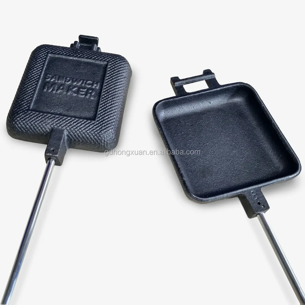 Heavy duty cast iron square pie iron grill sandwich maker long extended wood handle for camping cooking