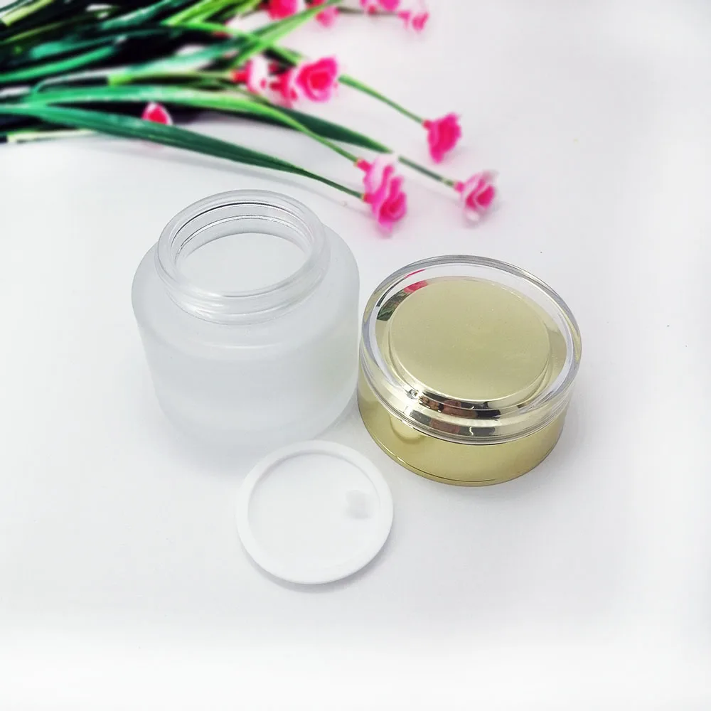 50g glass frosting cream empty bottle with acrylic gold lid Cosmetic glass jar Skin care packaging container