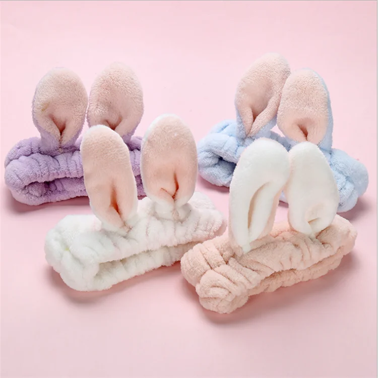 New Design Women Fashion Lovely Soft Carol Fleece Rabbit Ears Headband Makeup Cosmetic Shower Elastic Hair Band