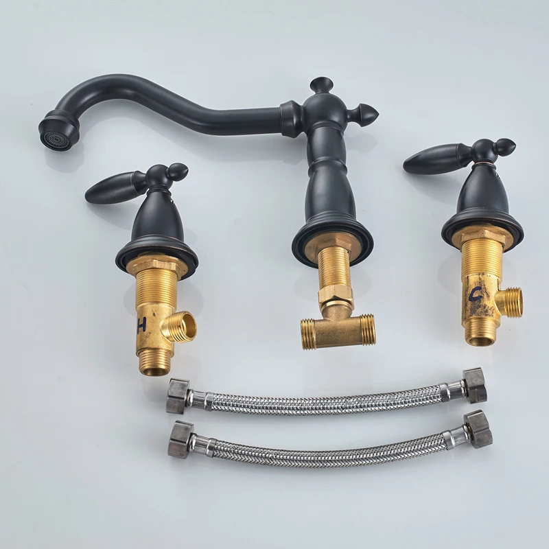 
Brand New Oil Rubbed Bronze Basin Faucet Deck Mounted Widespread Brass Dual Handle 3 Holes Bathroom Hot Cold Water Mixer Tap 