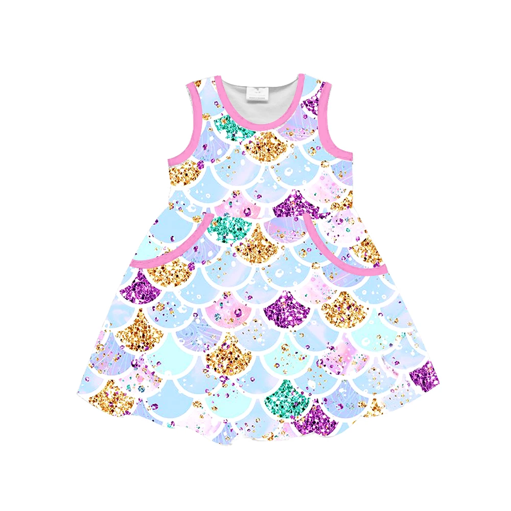 
2019 Hot sale custom baby clothes fish scales pattern design girl milk silk boutique dress 