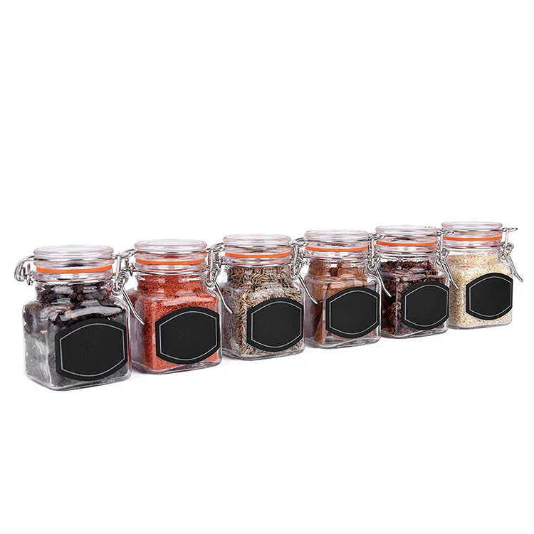 100ml Glass Spice Jars with Spice Labels and Chalkboard Pen Whole Set 12 Square Glass Jars 3.4 Ounce with Airtight Flip Top Cap
