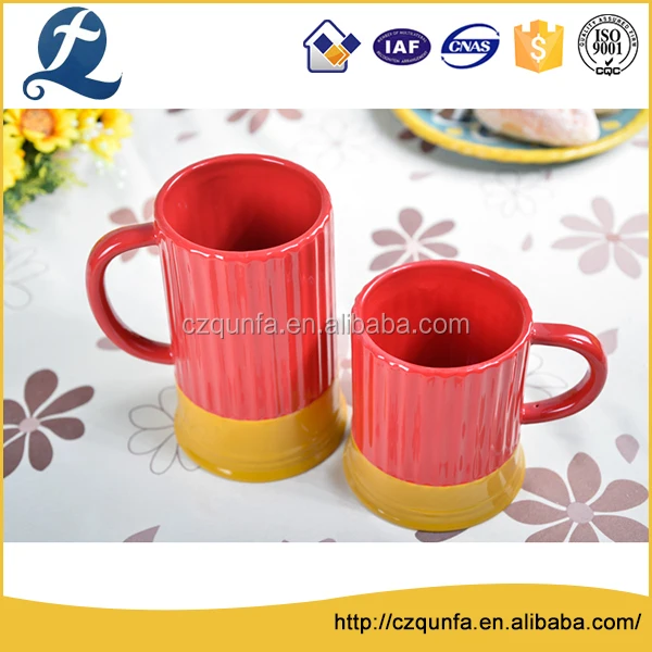 Promotional durable easy to wash ceramic yellow and red mug