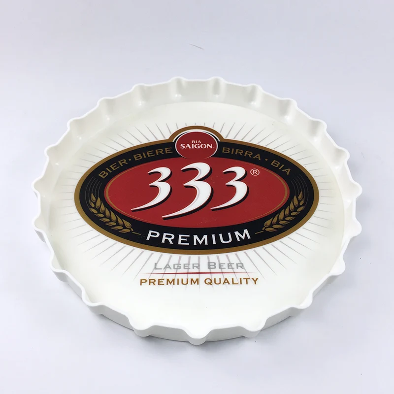 Promotion cheap beer bottle cap shape round plastic serving tray