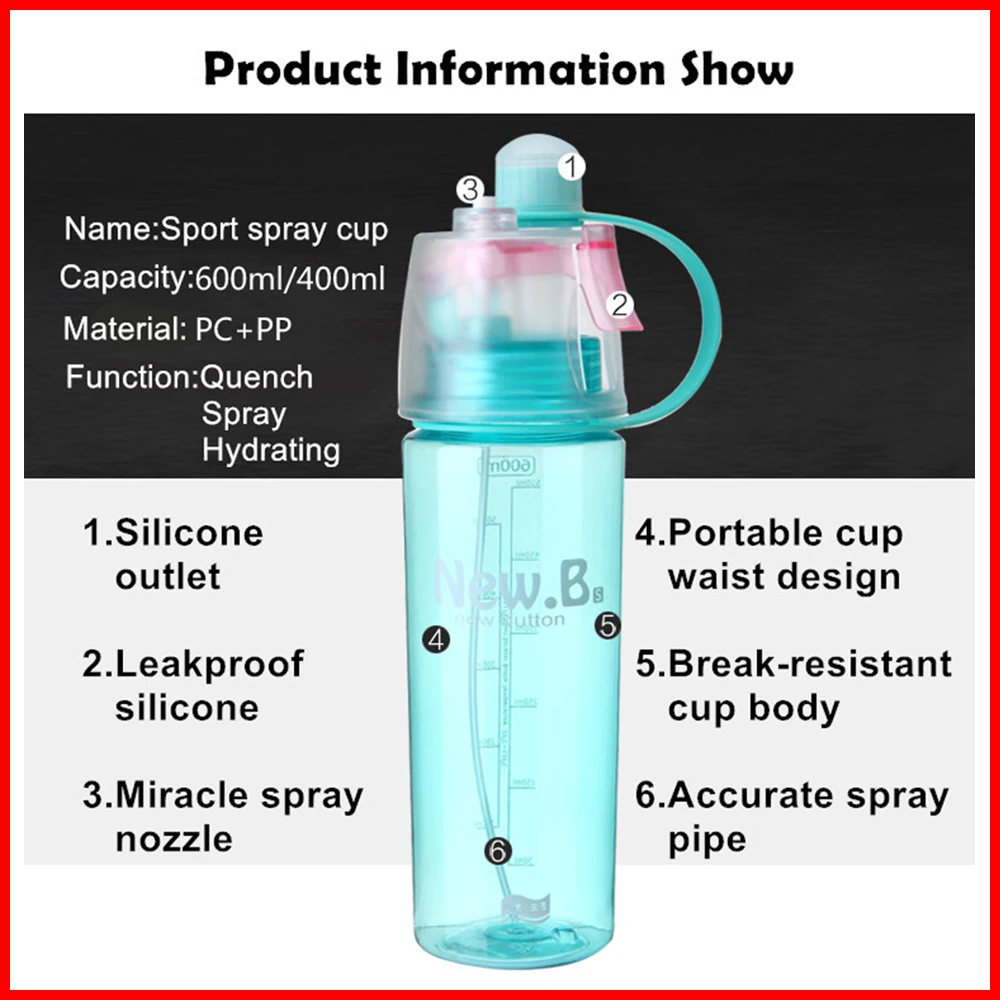 Plastic BPA Free Mist Spray Mutil-Color Drinking Sports Water Bottle With Straw