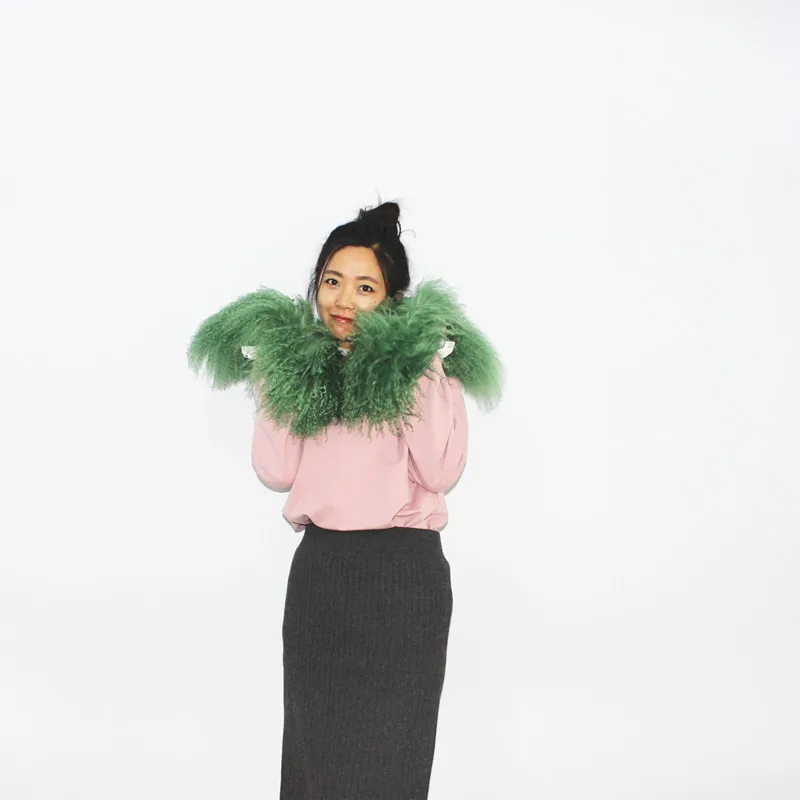 Real Green women leather scarf furry real mongolian fur scarf