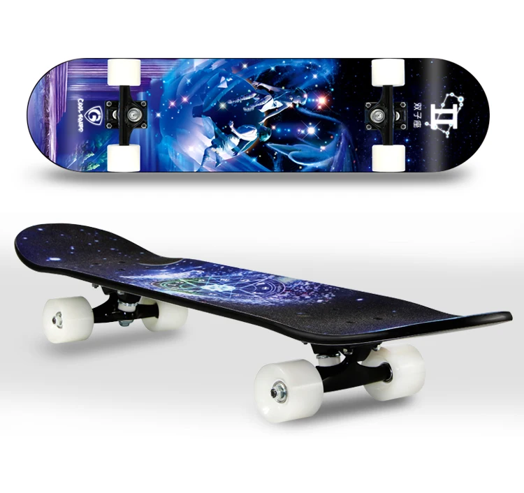 Double Kick Skateboard with LED Light PU Wheels Twelve Constellations Complete Skateboard for Skateboarding
