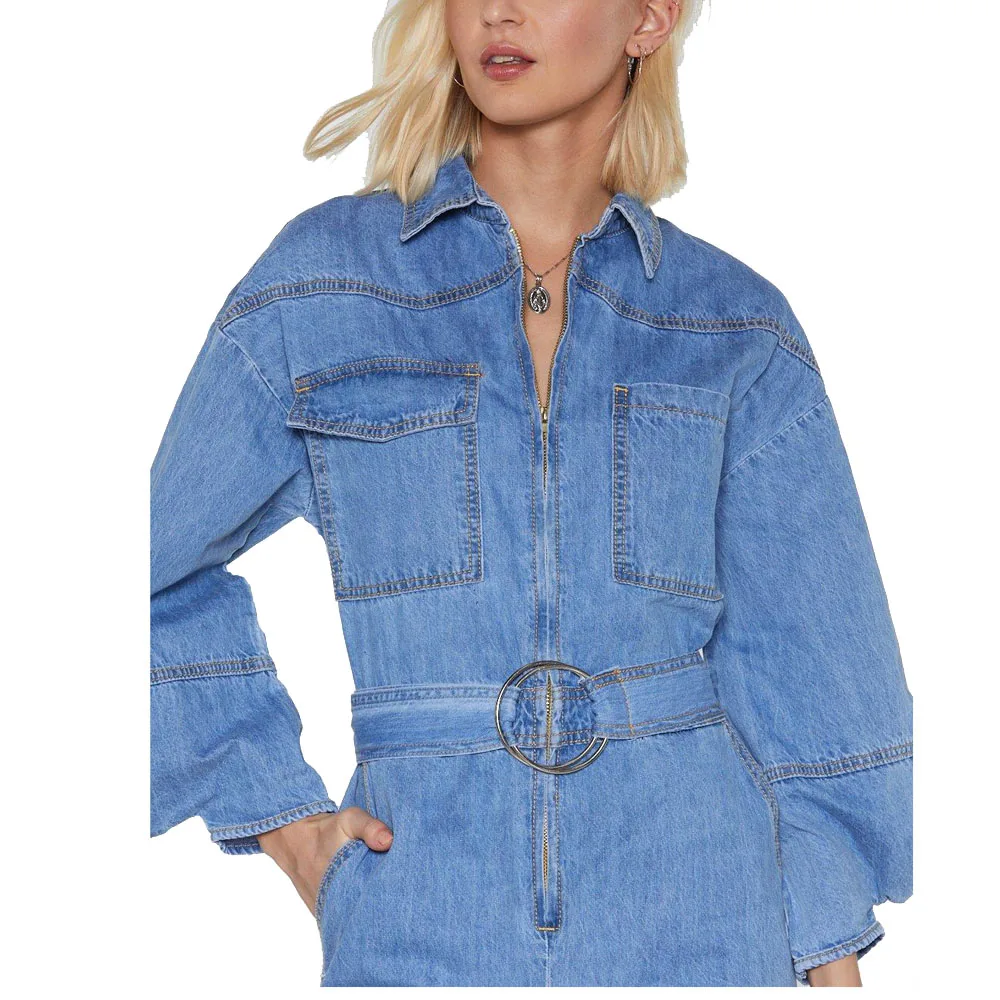 2019 Hot sale  long sleeve blue Rompers for women  tie belted casual loose washed denim jumpsuits