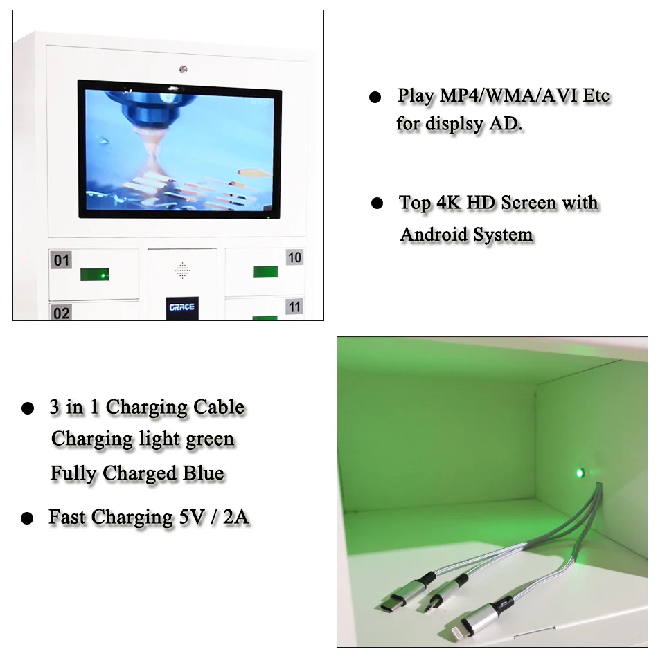 
Multiple restaurant cell phone charging vending station with advertising display function 