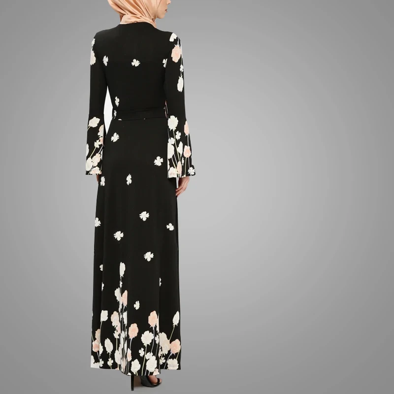 Ethnic Hijab Islamic Product Clothing Latest Style Muslim Print Floral Dress Beautiful Belt Elegant Abaya Simple For Dubai Women