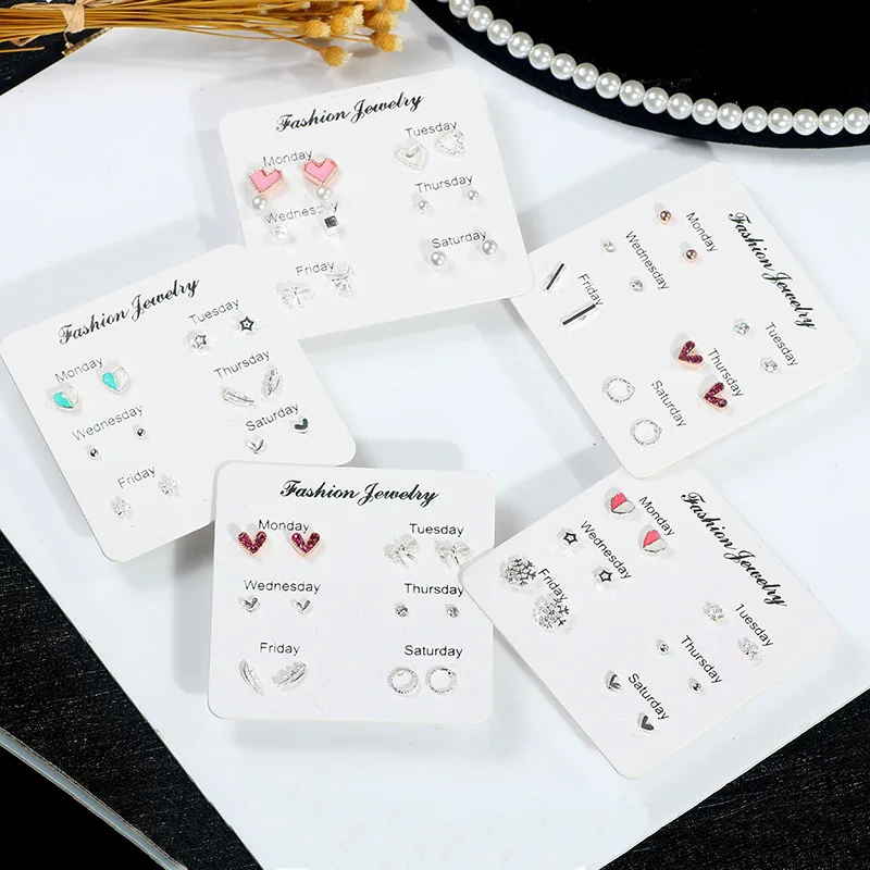 Cute silver needle color-preserving cute ear nail 100 sets of heart feather snowflake stud earing set for women