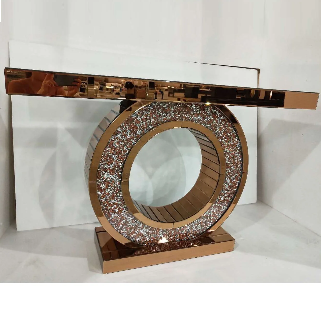 Блестящий серебряный зеркальный бриллиантовый стол со скошенными кристаллами