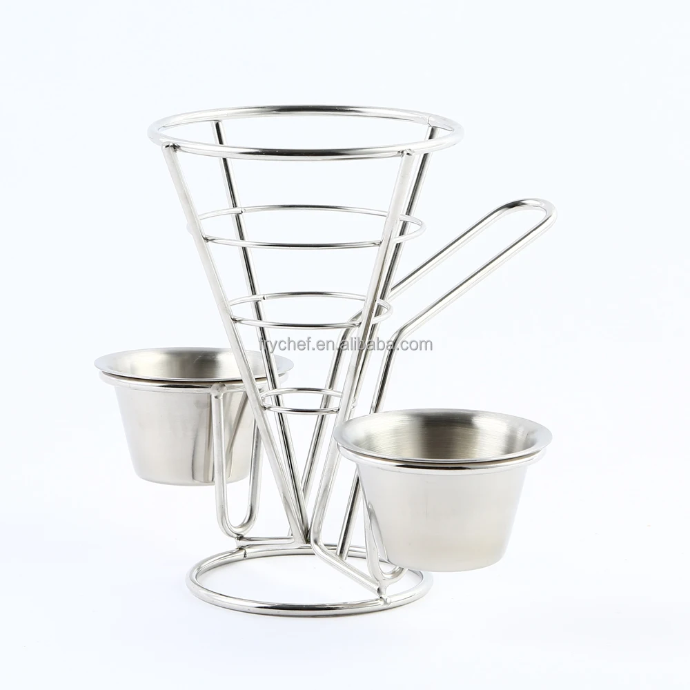 Chip and dip - stainless steel french fry cone holder & sauce cup, chip cone server & ramekin- fast food stand & condiment cup