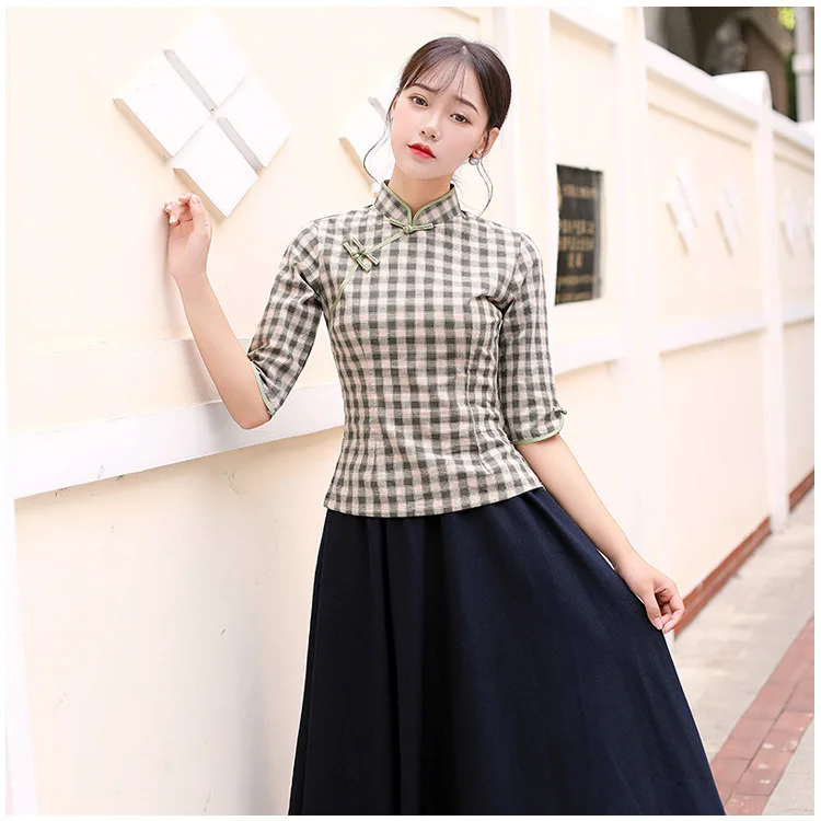 traditional chinese style cheongsam set vintage plaid tops+blue skirt