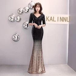 16116 # женское платье Muslinus с глубоким V-образным вырезом, Сетчатое строченное длинное платье с блестящим разрезом и бахромой