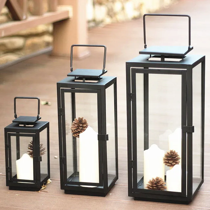 Modern Decorative Black Metal and Glass Candle Lantern for Indoor & Outdoor Home Garden Decor Hotel Decor