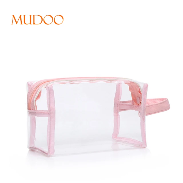Transparent PVC Waterproof Clear Pink Makeup Bag with Handle