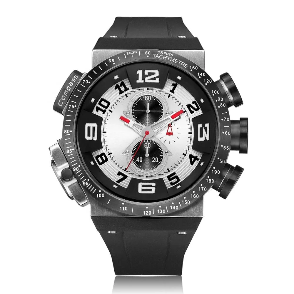 High Quality Japan Chronograph Movement Big Dial Big Silicone Bracelet Wrist Black Unique Men Watches Luxury