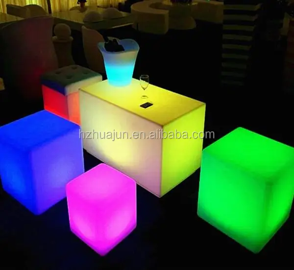 top sale outdoor led  kids table and  chair set/led plastic cube stool  with rechargeable battery ,color changing bu remote