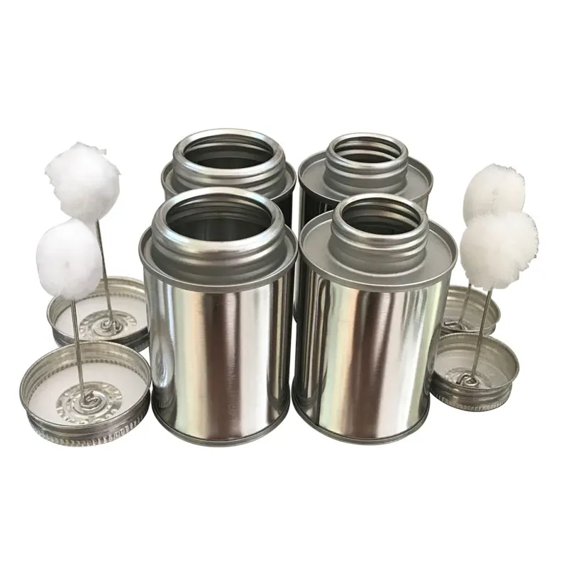 
empty 1/32 gal metal round tin can 118ml 4oz bundi PVC pipe glue bottle with brush 