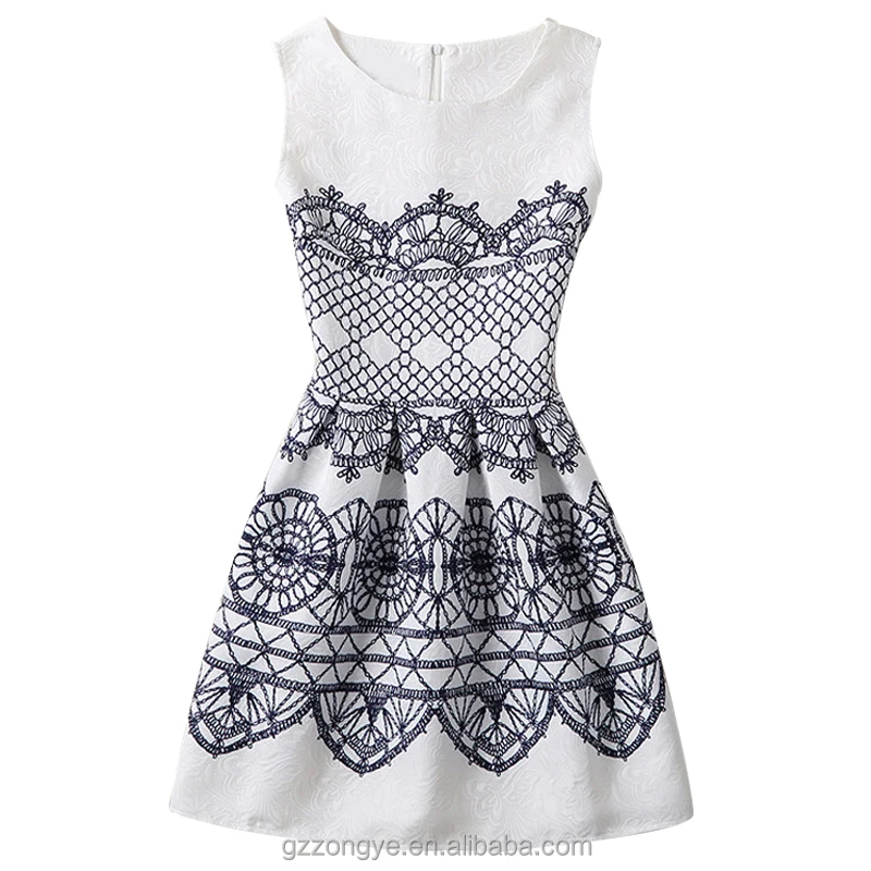 Latest hot selling women jacquard dresses patterns print vintage sleeveless party mini dresses