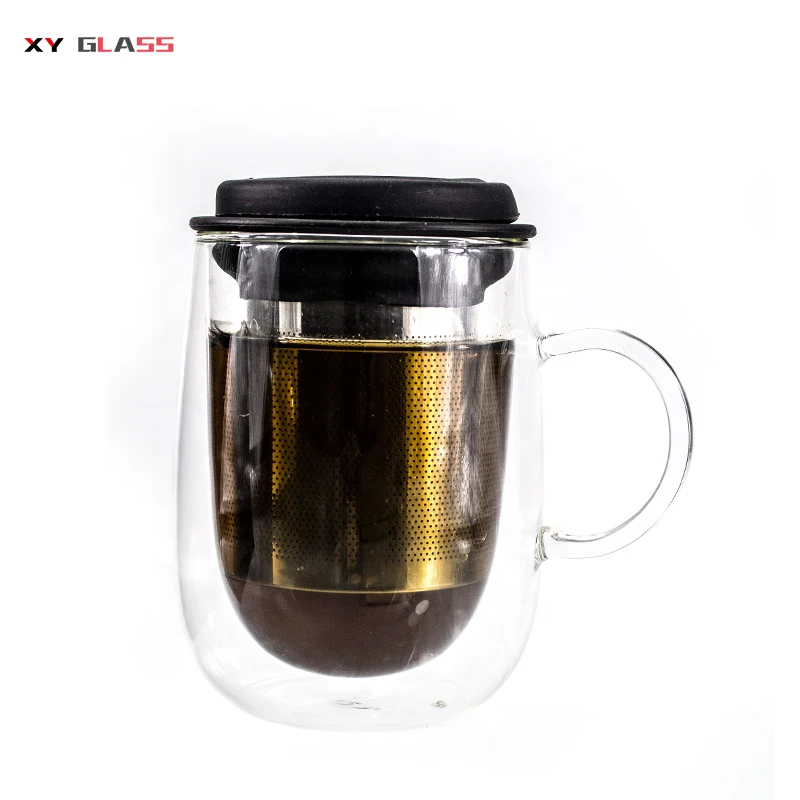 Double Wall Borosilicate Heated Handmade Glass With 304 Filter Coffee Tea Mug