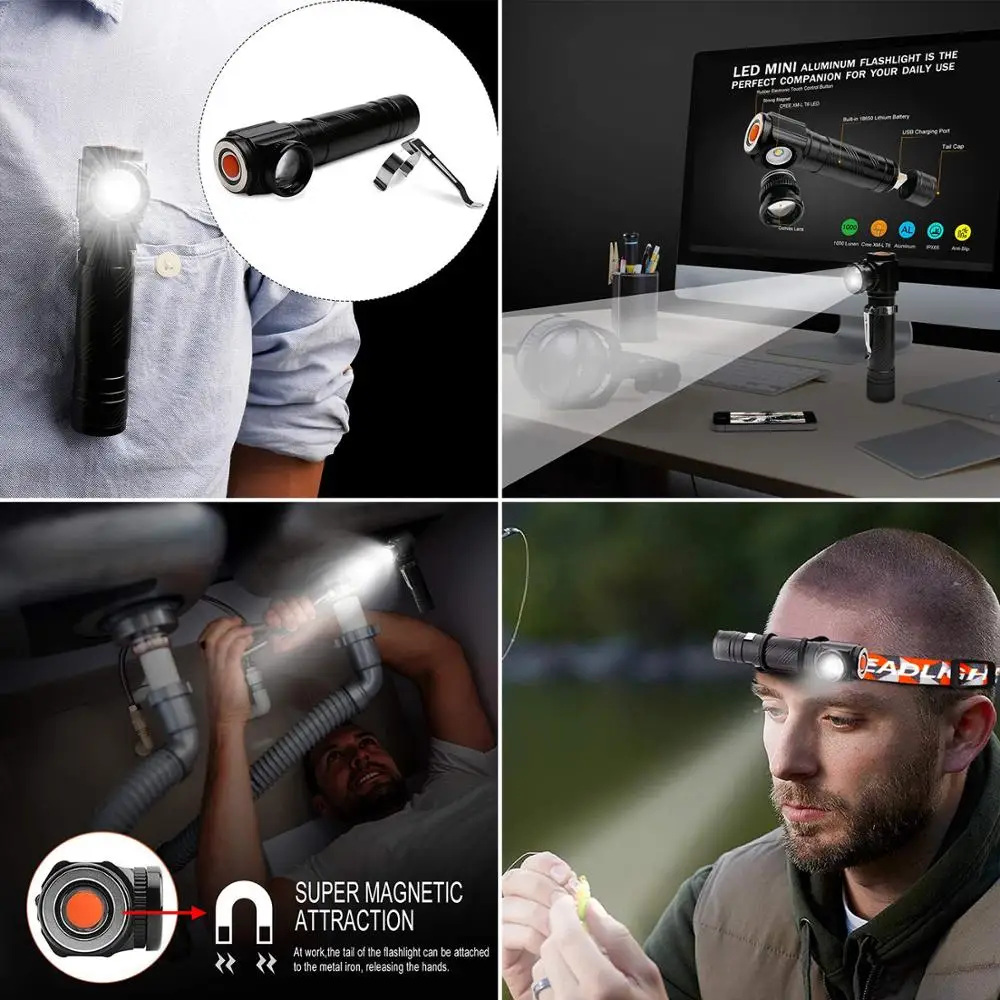 90 Degree USB Rechargeable LED Tactical Flashlight Mini Zoom LED Torch IP65 Emergency Flashlight for Camping Hiking and Cycling