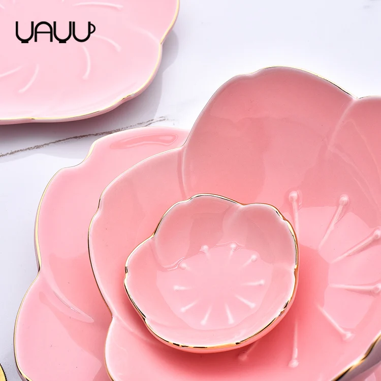 FENN New Products Flower Shape Ceramic Sauce Serving Small Set of Dishes with Gold Rim for Home Kitchen Restaurant Hotel