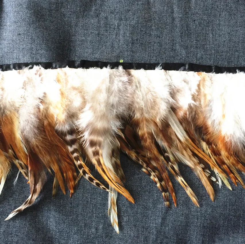 China feather factory wholesale Natural brown grey Grizzly Rooster Saddle feather trim Fringe with satin ribbon tape