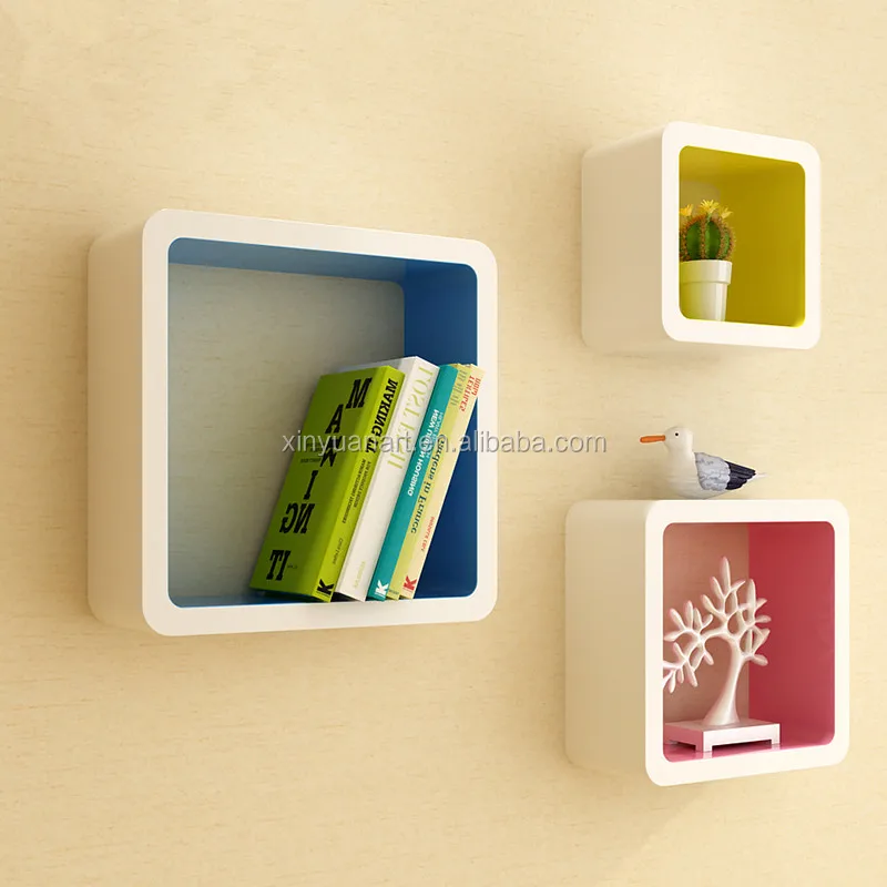 Beautiful model cube wall shelf with round corner set 3 wooden home dispaly shelf