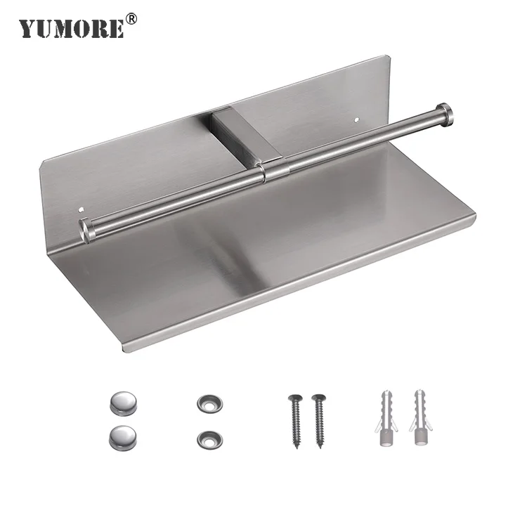 Factory price 304 stainless steel wall mounted free standing roll tissue mobile phone storage shelf double toilet paper holder