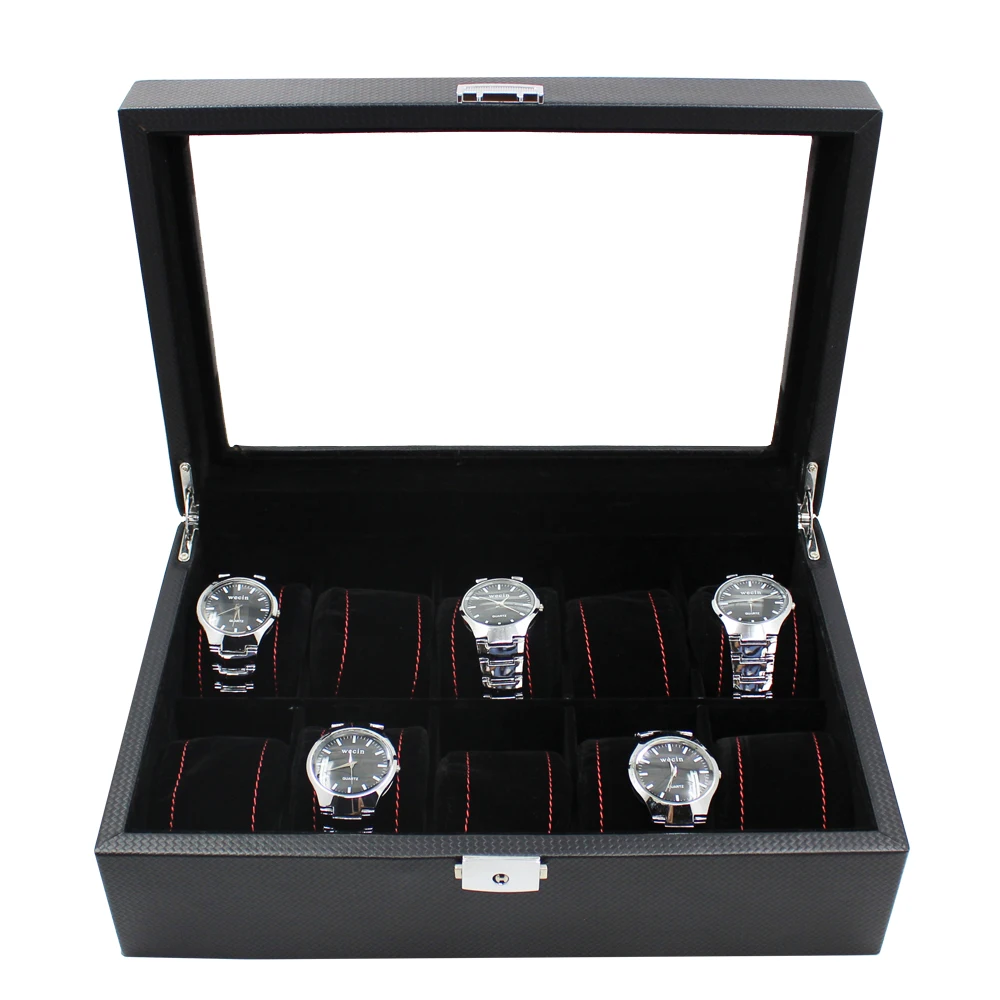 Custom Luxury High End Display Wooden Watch Box Window Carbon fiber 5 slots Watch Box
