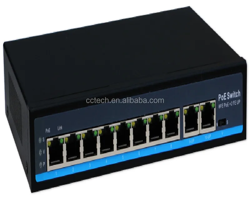 Desktop 250m 8 poe 2 utp uplink 10 port ethernet switch with 100w 120w power AC 100-240V