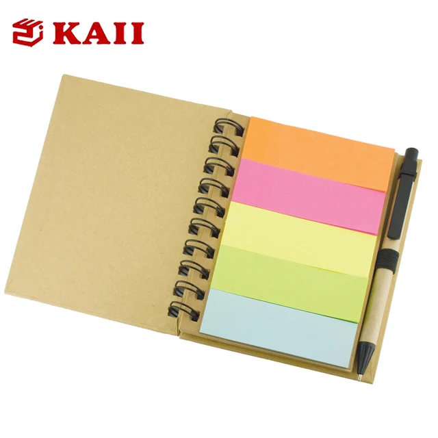 KAII Spiral Notebook Kraft Paper Cover Steno Pocket Notepad With Pen In Holder, Sticky Notes And Page Marker Index Tabs Flags