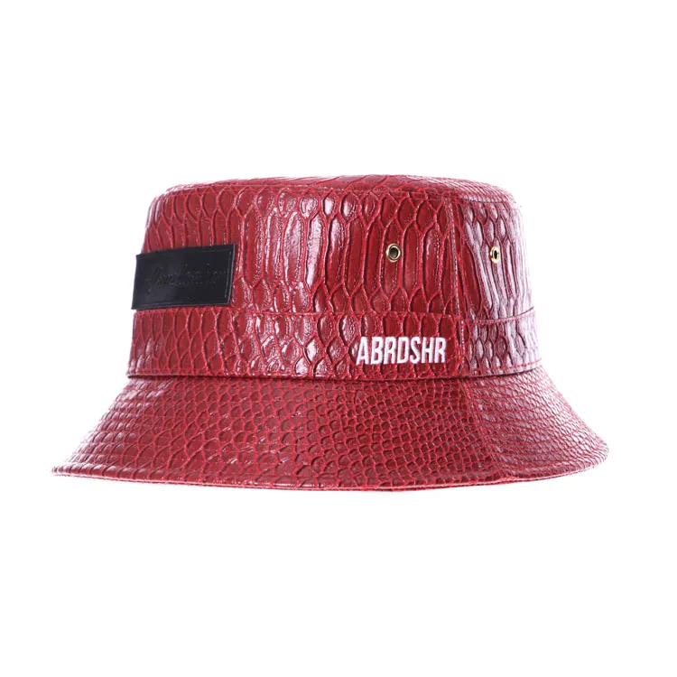 
wholesale red waterproof leather patch custom leather bucket hat 