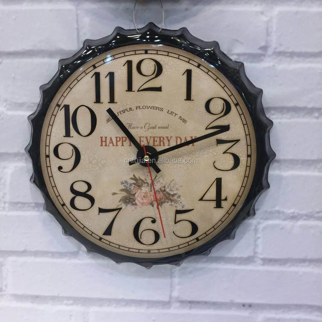 Custom 3d embossed vintage metal wall decor beer bottle cap shape tin sign clock