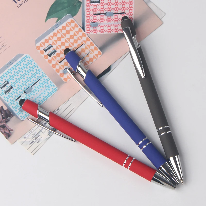 Multicolor promotion soft touch metal pen rubber coated finished pen with aluminum stylus ball pen