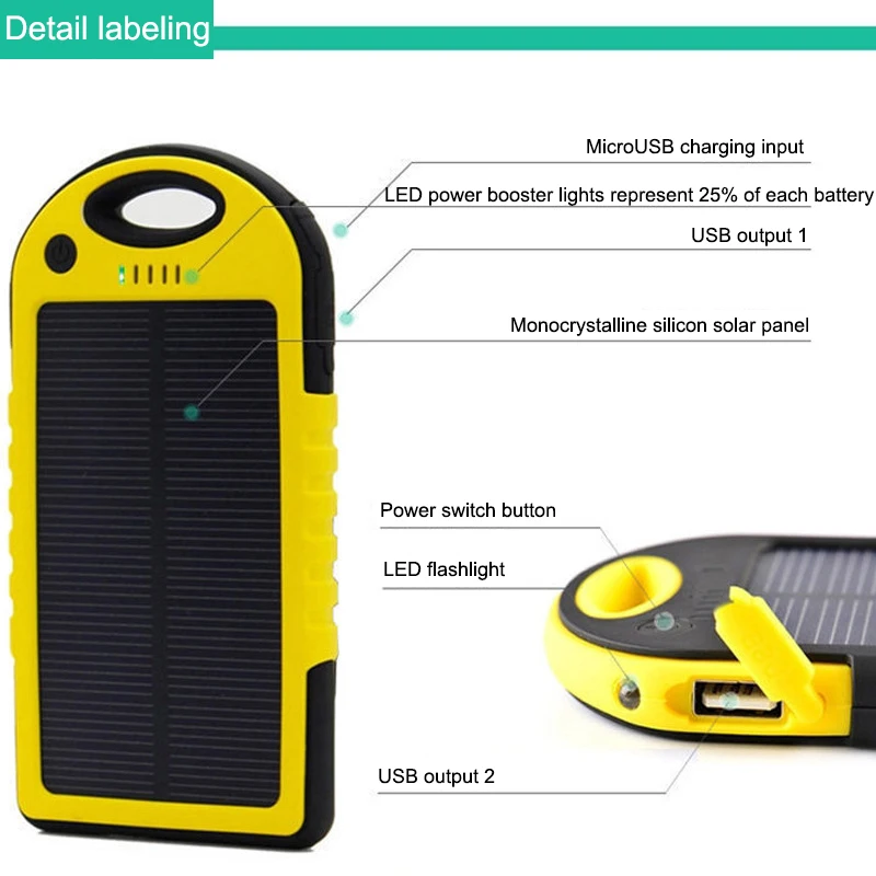 5000mAh portable waterproof solar charger dual USB external battery powerbank with LED
