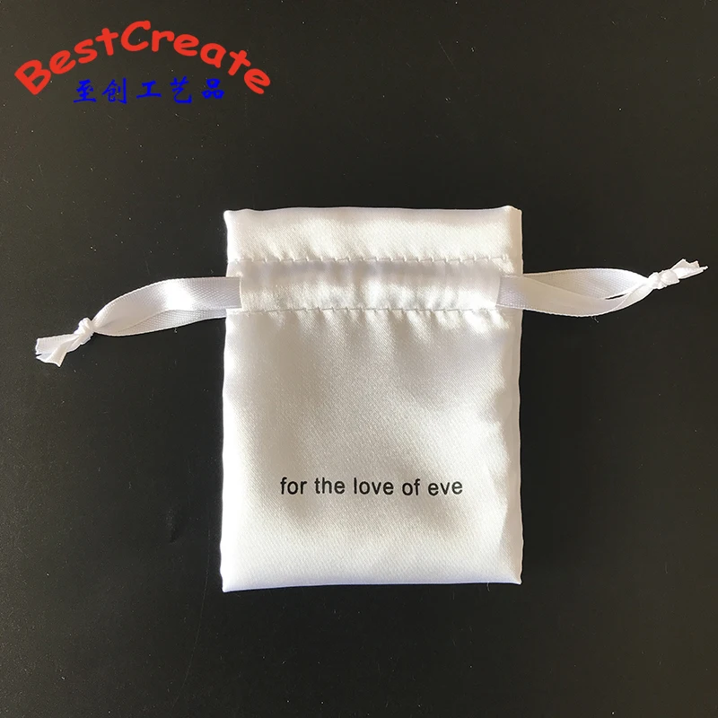 Custom Logo Printing white small drawstring satin wedding gift bags