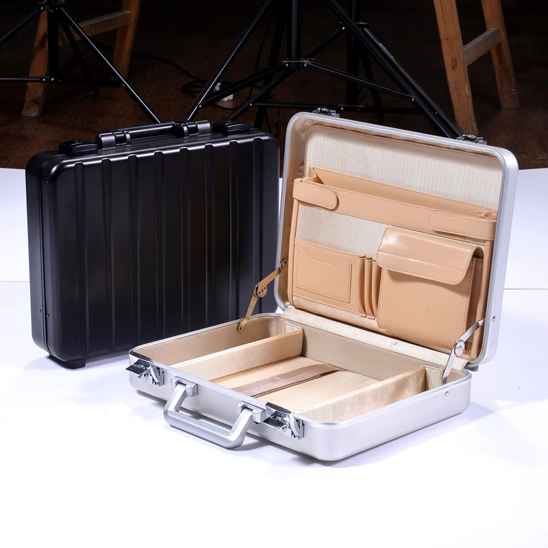 OEM Firm laptop tool case portable aluminium business  briefcase with leather lining
