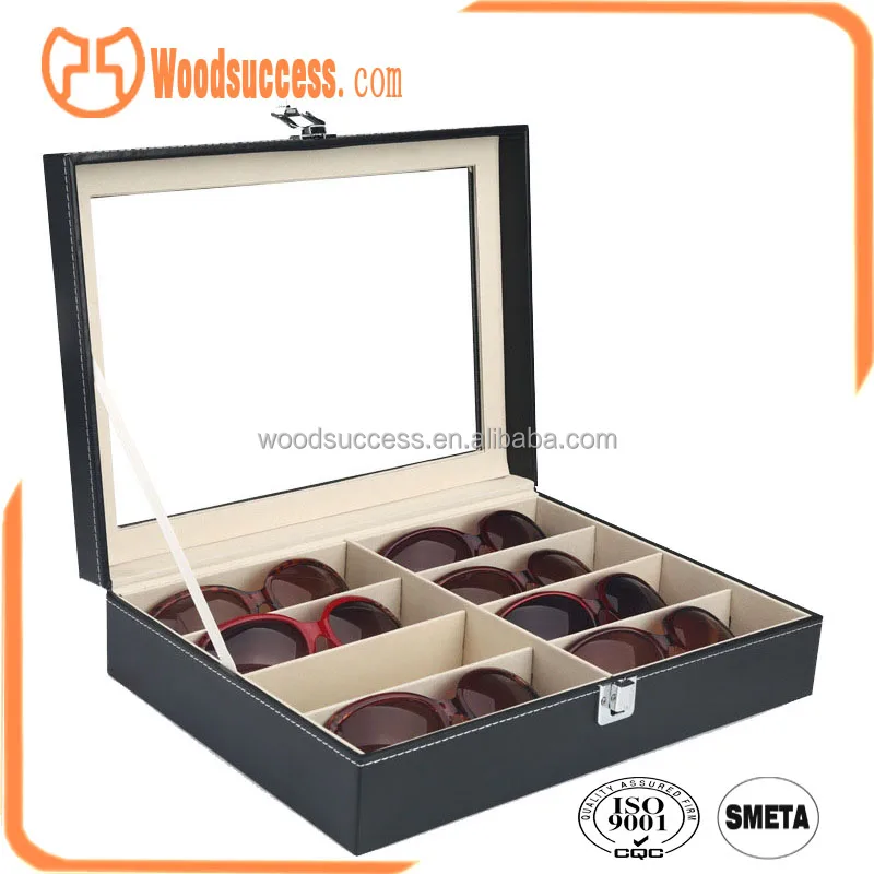wholesale custom Cheap Wooden Box Black leather glasses case watch storage box display case with glass top