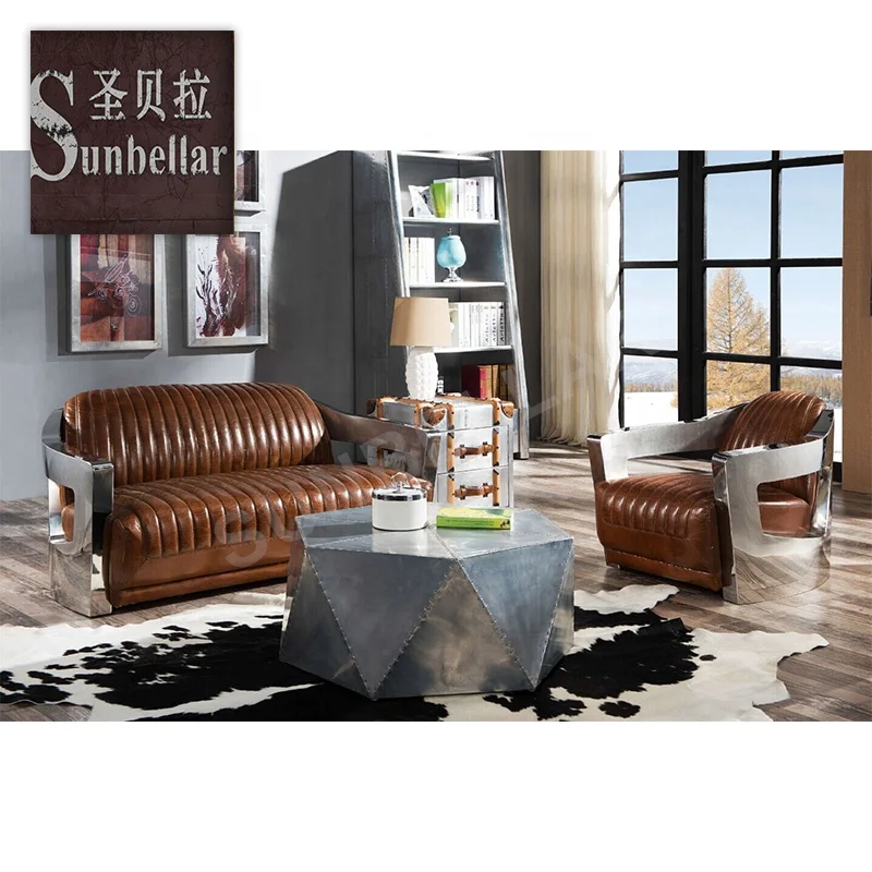 aviation furniture UK hotel sofa set designs with price vintage distressed leather sofa stainless steel arm leather club sofa
