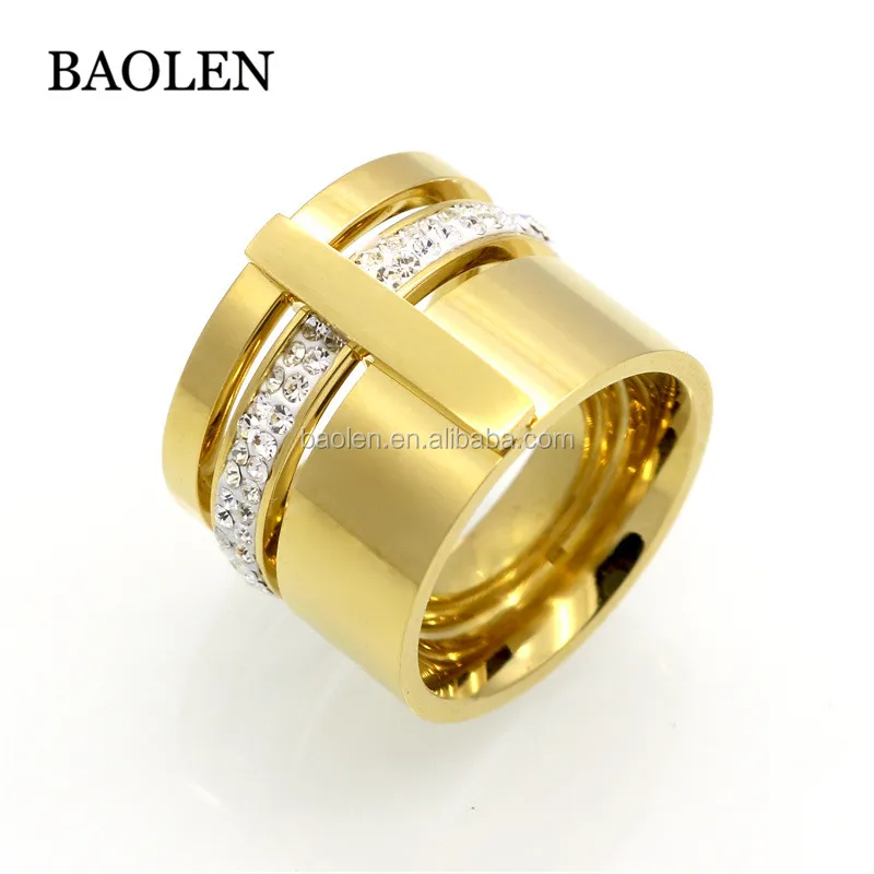 Gold Color Zircon Crystal Titanium Stainless Steel Rings For Women Men Wedding Jewelry Three Layers Beauty anillos Female Rings