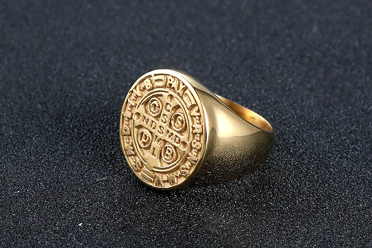 Custom 14K Gold Plated Catholic St Benedict Exorcism Signet Ring